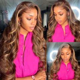 30inch Honey Blonde Lace Front Wig Human Hair 13x6 HD Transparent 4/27 Highlight Ombre Lace Frontal Wigs Pre Plucked with Baby Hair 180% Density Balayage Body Wave Colored Honey Blonde Lace Front Wigs