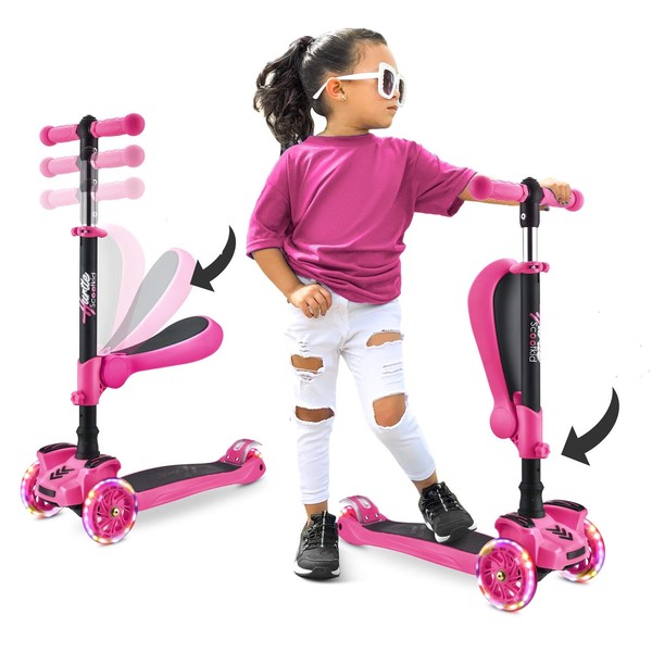 Hurtle 3-Wheeled Scooter for Kids - Wheel LED Lights, Adjustable Lean-to-Steer Handlebar, and Foldable Seat - Sit or Stand Ride with Brake for Boys and Girls Ages 1-14 Years Old - Pink