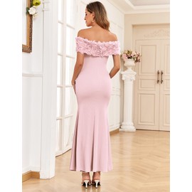AISWI 3D Floral Off The Shoulder Maternity Dress Sexy Ribbed Mermaid Maxi Bodycon Pregnancy Dresses Baby Shower, Light Pink, Medium