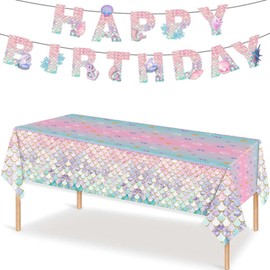 Mermaid Birthday Party Supplies, 54×108 inches Mermaid Tablecloth and Mermaid Pulling Flag, Mermaid Party Decorations for Girls Princess Under The Sea Baby Shower Themed Birthday Party Supplies