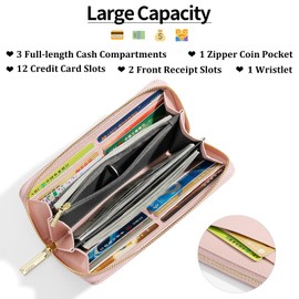 LEEXTON Large Capacity Leather Ladies Purse, Long Purse, Large Women Clutch RFID Protection with 12 Card Slots and Wrist Strap