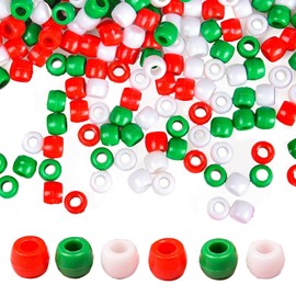 300pcs Christmas Pony Beads Bulk, Red Green White Plastic Beads for Bracelet Jewellery Making Crafting, Hair Beads for Braids, Threading Beads, Craft Beads, Xmas Decorations Beads DIY Crafts Supplies