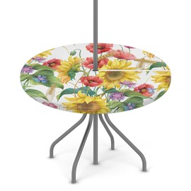 KNEMI Outdoor Round Tablecloth with Umbrella Hole, Sunflowers Patio Table Cover Fitted Tablecloth Waterproof Umbrella Table Cover for Party Picnic,Fit for 36"-44" Round Tables