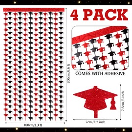 Tatuo 4 Pack 3.3x6.6 ft Graduation Cap Fringe Curtain Backdrop Glitter Class of 2025 Graduation Prop Streamers Party Decorations for High School College Photo Booth(Red, Black)