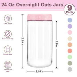 9 Pack Overnight Oats Containers with Lids, 24 oz Mason Jars with Airtight Lids, Wide Mouth Meal Prep Food Storage Glass Containers for Yogurt Salad Chia Pudding Oatmeal Snack Breakfast-Pink