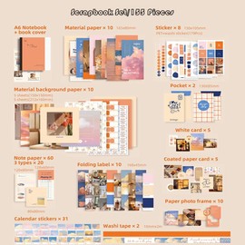 Irayin Vintage Scrapbook Accessory Set, 155 Pieces Bullet Journal Accessory Set with A6 Grid Notebook, Scrapbook Stickers, Travel Book Gift Set, DIY Gift for Girls Women (Sunset)