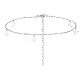 Estrellique Silber Fußkettchen für Frauen Mädchen, 925 Stering Silber Fußkettchen für Damen, Kleine Stern Mond Anhänger Verstellbare 22+5CM Kette Fusskette, Wasserfest Barfuß Sommer Strand Knöchelchen