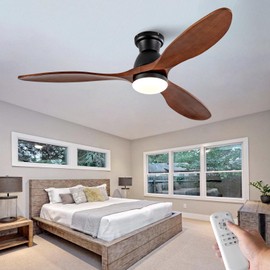 Dimmable 52 Inch Flush Mount Ceiling Fans with Lights and Remote, 3 Blade Wood Bedroom Ceiling Fan with Lights Low Profile Ceiling Fan with Light Black Outdoor Ceiling Fans for Patios Living Room