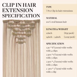 MAXITA Hair Extensions Clip in Human Hair,120g 7pcs Champagne Blonde to Bleach Blonde 16 Inch,Clip in Hair Extensions Real Human Hair Extensions Natural Straight Hair for Women