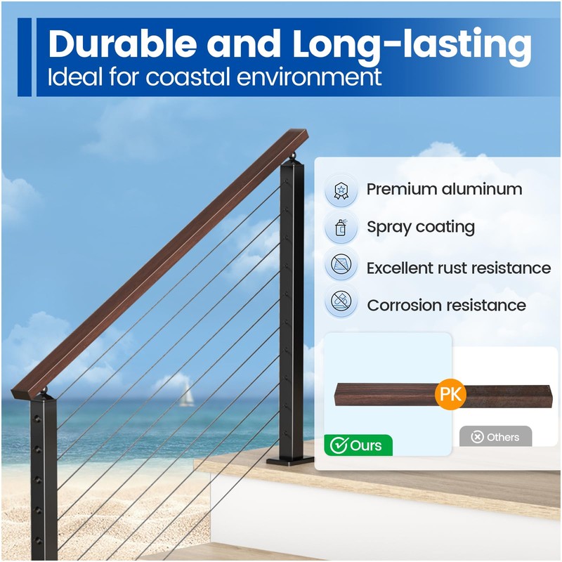 Muzata 6'6" Aluminum Handrail Flat Handrail Walnut Wood Grain Cable