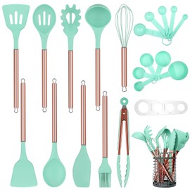Arquiel Kitchen Utensil Set with Holder, 22 Pcs Silicone Cooking Utensils Set for Nonstick Cookware, Heat Resistance Spatula Set, Stainless Steel Handle Kitchen Gadgets Utensils Set(Green)