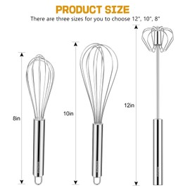 NileHome Edelstahl-Schneebesen-Set, 20,3 cm, 25,4 cm, Handmixer + 30,5 cm halbautomatischer rotierender Küchenbesen, Ballon-Schneebesen, Küchen-Wisk, Drahtbesen zum Kochen, Rühren, Rühren, Rühren, 3