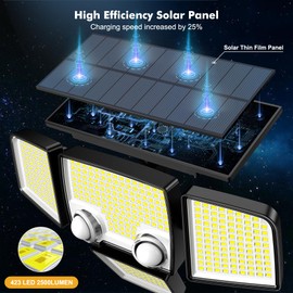 Tuffenough Solar Outdoor Lights with Motion Sensor - 2500LM Bright 4 Heads LED Security Flood Light with 2 Sensors - 3 Modes Solar Powered Detected Wall Lamp Fixtures Waterproof for Outside Yard