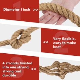 Twisted Manila Rope 1inch x 100 feet Natural Hemp Rope for Docks Railing Nautical Landscaping Crafts Tug of War Marine Tie-Downs Hammock Home Decorating