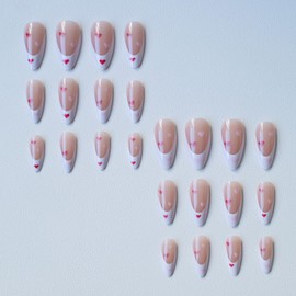 Valentine's Press on Nails Medium Almond White French False Nails Heart Design Full Cover Valentine's Nails Press Ons Stick on Nails Glossy Acrylic Coffin Nails 24Pcs Glue on Nails for Women