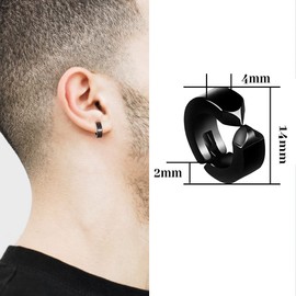 Non-Pierced Stud Earrings, Black, 4 Pairs, XiXiRan Stainless Steel Clip Earrings, Black, Hoop Earrings, Cross, Magnetic Stud Earrings, Stainless Steel Earrings, Men's Black Set, Hip Hop Punk Style,