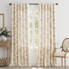 jinchan Floral Curtains Burlap Look Curtains 96 Inch Long Faux Linen Yellow Flower Patterned Drapes for Living Room Light Filtering Farmhouse Curtains Rod Pocket Window Curtains for Bedroom 2 Panels