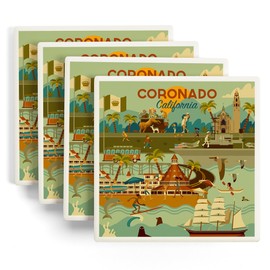 Coronado, California, Geometric (Absorbent Ceramic Coasters Set of 4 Matching Images, Cork Back, Kitchen Table Decor)
