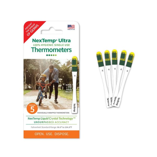 NexTemp Ultra Single-Use Thermometers - Individually Wrapped Disposable First Aid Supplies with High-Accuracy Readings, for Work, Home, and Travel, Fahrenheit, 5-Pack, by Medical Indicators Inc.