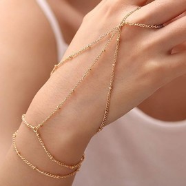 Hand Chain Gold Bracelet for Women Gold/Silver Plated Stainless Steel Finger Ring Zircon Beaded Station Bracelet Hand Chain Bracelets D-Gold
