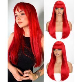 Creamily Long Red Straight Hair Wigs 22" Straight with Flat Bangs Synthetic Colorful Cosplay Daily Party Wig for Women Natural As Real Hair+ Free Wig Cap (Red)