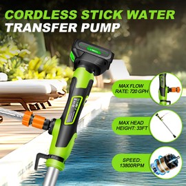 V-MODEST Cordless Stick Water Transfer Pump, Battery Powered Portable Stick Utility Pump with 2x2000mAh 21V Battery，720GPH, 33FT Head，3/4" Outlet for Gardens, Ponds, Boats, RVs, Underground Garages