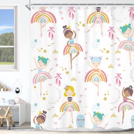 Ufeela Princess Shower Curtain Kids Girls Rainbow Ballet Cute Girly Lovely Dancing Colorful Kawaii Star Moon 60Wx72L Inch Bathroom Set Child Toddler Nursery Bath Curtain Bathtub Accessories Home Decor