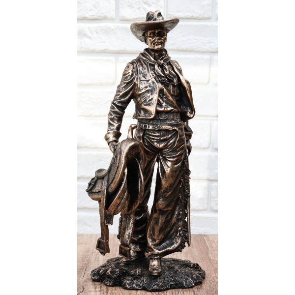 Old World Rustic Western Cowboy Holding Horse Saddle and Rifle
