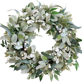 22 Inch Spring Everyday Lamb Ears Leaves Wreath with White Wild Flowers and Berries for Front Door, Welcome Wood Sign Green Leaves Wreath for Indoor Outdoor, Everyday Leaves Wreath - Color: Lamb Ear White Flower