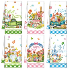 Patelai 6 Pack Easter Kitchen Towels Bunny Rabbit Dish Seasonal Cloth Tea Towel Bunny Happy Easter Hand Dishcloth Holiday Washcloths for Spring Home Housewarming Gift(Teal Color,Fresh Style)