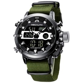 MEGALITH Mens Watches Digital Black Military Watch Sports Waterproof Analog Quartz Multifunctional Tactical Heavy Duty Men's Wrist Watches, LED Dual Time Backlight Alarm Stopwatch, Green Nylon Watch
