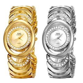 JewelryWe Watches Women's Analogue Quartz 30 m Waterproof Watch Elegant Unique Rhinestone Oval Casual Watch with Metal Strap and Watch Tool Gold/Silver, 2 pieces., Elegant