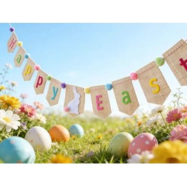 Decoraciones de arpillera de feliz Pascua, guirnalda de Pascua feliz, decoraciones de granja de primavera para manto, pancarta de conejo regalo para niños
