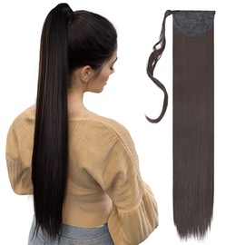 Clip in Ponytail Extension Wrap Around Long Straight Pony Tail Hair 32 Inch Synthetic Hairpiece - Dark Brown