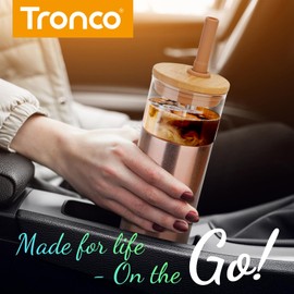 Tronco 20 oz Vacuum Insulated Glass Tumbler with Lid and Straw - Keeps Drinks Cold for 12 Hrs - Reusable Glass Cup for Iced Coffee, Smoothies & Boba - Sweat & BPA Free, Dishwasher Safe, Fit Car Holder