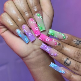 IMSOHOT Long Square Press on Nails Colorful Ombre Fake Nails with Small Flower Designs Glossy Acrylic False Nails Glue on Nails Glossy Acrylic Stick on Nails for Women 24Pcs