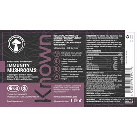 Known Known Tasty Immunity Mushrooms Gummies - Reishi, Maitake, Vitamin C, Zinc & Selenium - Natural Pomegranate Flavour - 60 Vegan Gummies, 2 Month Supply