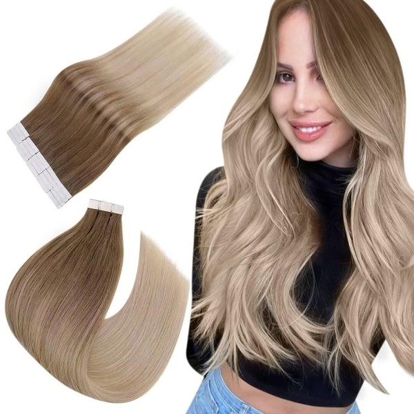 Easyouth #8/60/18 Real Hair Tape-In Extensions, Balayage, Remy Hair, Platinum Blonde and Ash Blonde Mix, 40 cm, 40 g, 20 Pieces
