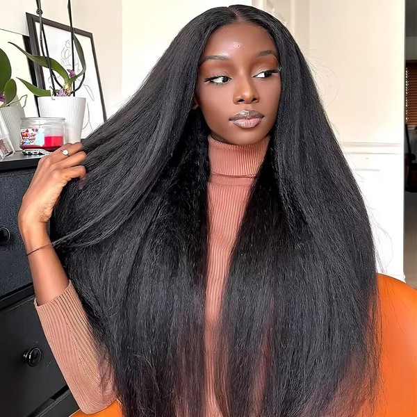 TQPQHQT Real Hair Wig, Glueless Wig, Human Hair Lace Front Wig, Natural Colour, Kinky Straight Wigs, 13 x 4 Lace Frontal Wigs, Unprocessed Brazilian Virgin Hair Wig, 1B Colour, 30 Inches (7