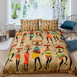 African Woman Print Bedding Set African Pattern Duvet Cover For Kids Teens Women Retro Ethnic Afro Decor Comforter Cover Traditional Exotic Boho Bedspread Cover Bedroom 3Pcs Double Size