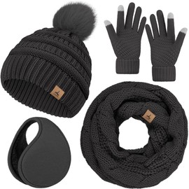 Winter Hat Scarf Gloves and Ear Warmer, Warm Knit Beanie Hat Touch Screen Gloves Set Winter Gifts Neck Scarves for Women Dark Gray