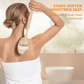 SAMEBUTECO Dry Brushing Body Brush Set Wood Long Handle with 3 Detachable Heads, Face Brush,Body Scrubber Boar Bristle Exfoliator for Lymphatic Drainage and Cellulite,Back Scrubber for Shower