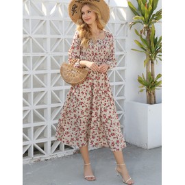 ARMSCI Women's Off Shoulder Boho Floral Dress Scoop Neck Puff Sleeve Swing Flowy Spring Summer Cute Long Dress Khaki