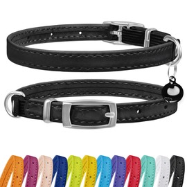 CollarDirect Leather Cat Collar with Bell - Kitten Collar, Small and Big Cat Collar for Boy Cats, Girl Cats with Safety Elastic Strap (Neck Fit 6"-7", Black)
