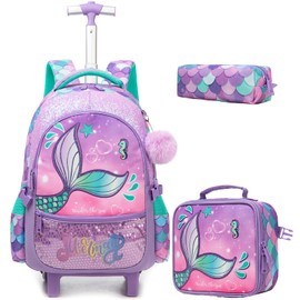 ZBAOGTW Mermaid Rolling Backpack for Girls 8-12 Girls Rolling Backpack for School Roller Backpacks for Kids with Lunch Box Pencil Case Back to School