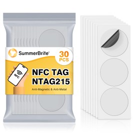 Summerbrite 30PCS NFC Tags Anti-Magnetic and Anti-Metal NFC NTAG215 Chip NFC Stickers Round NFC Coins Card NFC 215 Tags 504 Bytes Memory Compatible with Most NFC-Enabled Devices-White