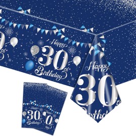 COSORO 2pcs Navy Silver Happy 30th Birthday Table Cloth,137*274cm 30th Tablecloth for Men Women 30th Birthday Table Decorations,Plastic Tablecloths Table Cover for Him Her 30th Birthday Decorations
