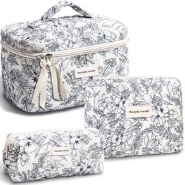 TOPALL Cosmetic Bag Travel Women's Beauty Case Made of Cotton, Large Make Up Bag, Portable Makeup Bag, Toiletry Bag Organiser with Capacity with Floral Pattern for Travel Accessories, Travel