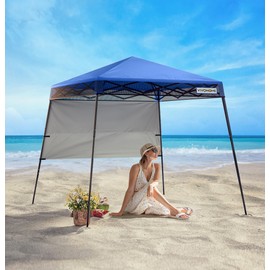 VIVOHOME 8x8ft Pop-Up Canopy Tent with Central Lock Design, Slant Legs, Backpack, and Side Wall, Portable Shelter for Camping, Party, Yard, and Beach Events, Blue