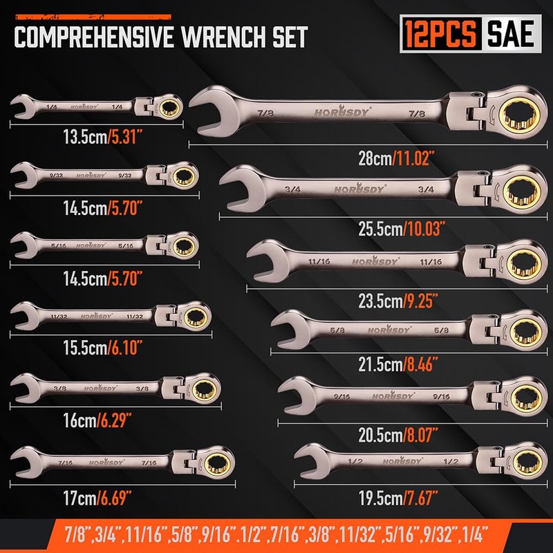 HORUSDY 12-Piece SAE Flex-Head Ratcheting Wrench Set with Organizer |